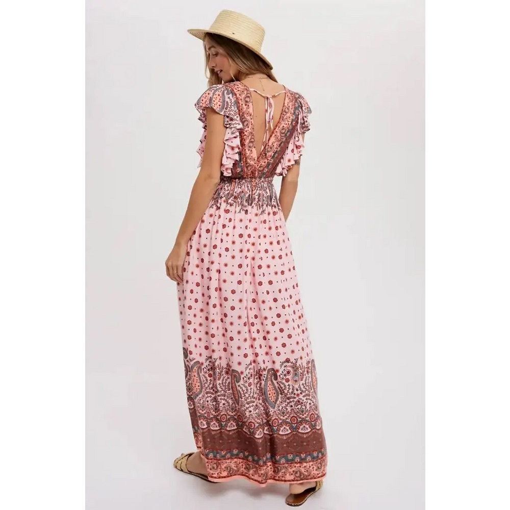 Paisley Floral print Open Sleeves Multicolored Summer Boho babydoll‎ maxi Dress